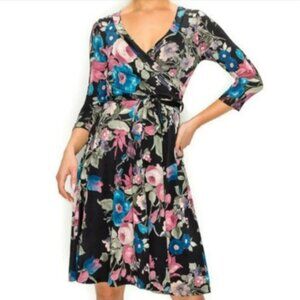 Janette Fashion Blush Blue Floral Faux Wrap Knee Length Dress
